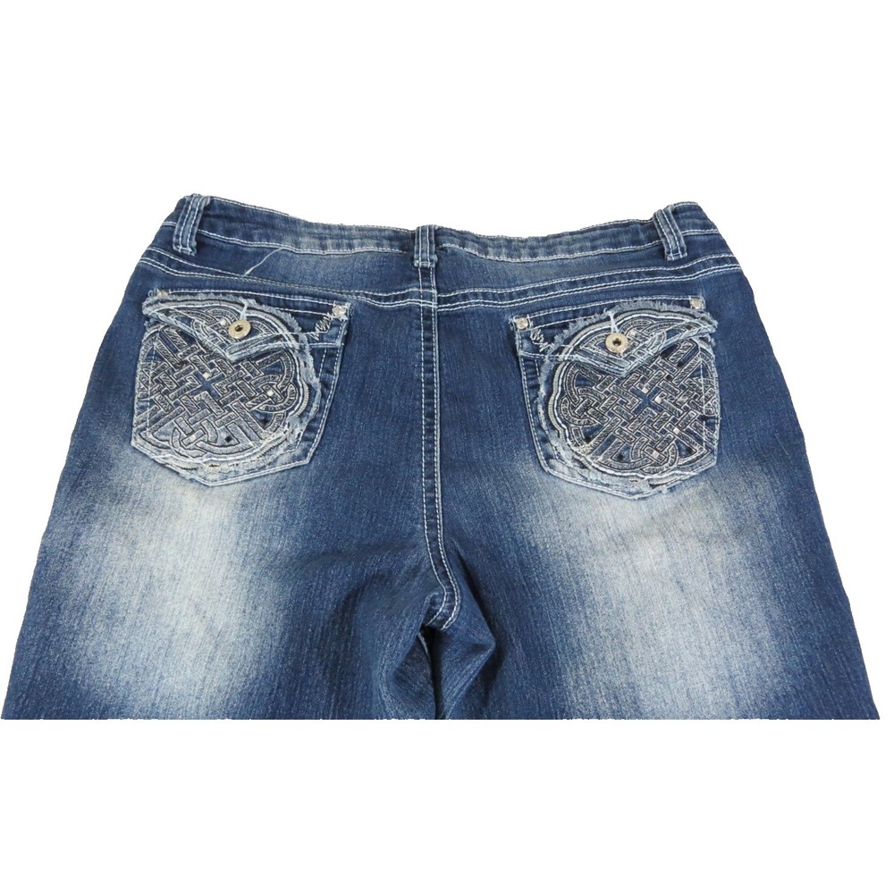 Revolt Jeans Womens 14 Blue Bootcut Flap Pocket Embellished Stretch Denim Stones